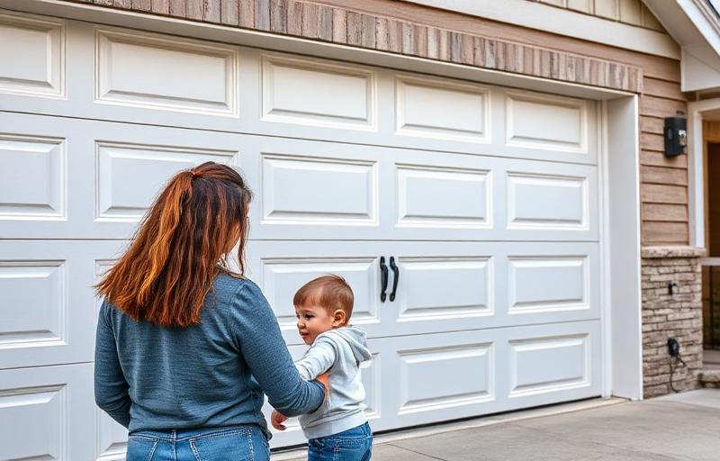 Garage door safety sensor system and child-safe features on a residential garage