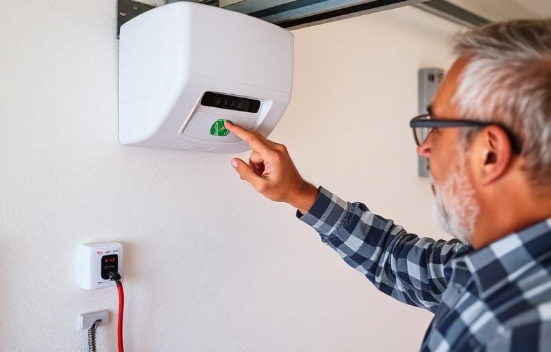 Garage door opener mechanism being inspected by a professional technician